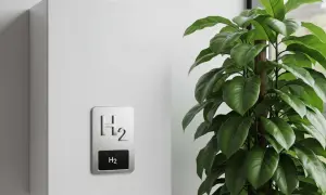 Caldaia ad idrogeno moderna, bianca, con simbolo H₂ in rilievo e display. Accanto, una pianta verde rigogliosa.