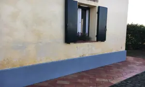 Muro con rinzaffo storico, una finestra con persiane verdi e un davanzale fiorito. Pavimentazione in cotto.