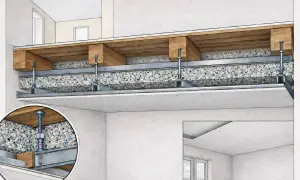 Dettaglio costruttivo per insonorizzare soffitto: isolante tra travetti in legno e controsoffitto metallico sospeso.