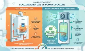 Confronto visivo: scaldabagno a gas con fiamma e fumi, vs pompa di calore elettrica. Differenza tra caldaia e scaldabagno: efficienza e costi.