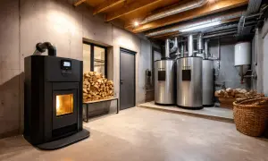 Caldaia a legna come funziona: stoccaggio pellet, bruciatore attivo e serbatoi di accumulo in un locale tecnico moderno.