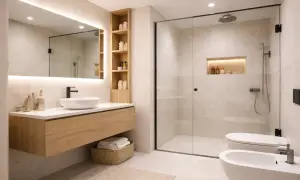 Moderno bagno con mobile sospeso in legno, lavabo bianco, doccia walk-in e bidet. Ottime idee bagno per un look minimalista.