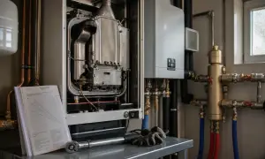 Installazione di caldaia e condizionatore insieme, con manuale tecnico e attrezzi pronti per il lavoro.