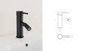Miscelatore nero con doccetta integrata, ideale per smontare e installare in cucina. Dimensioni dettagliate nel disegno tecnico.
