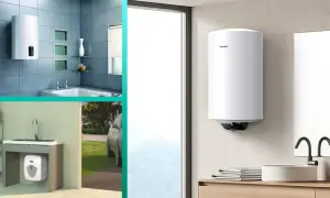 Scaldabagno per 4 persone: quanti litri servono? Immagini di scaldabagni moderni in bagno e sottolavabo.
