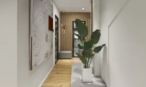 Un corridoio moderno con un grande quadro astratto e una pianta rigogliosa. Ottime idee per la parete del corridoio, con pannelli in legno e illuminazione soffusa.