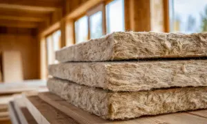 Pannelli isolanti in fibra di legno, ideali per un cappotto interno spessore minimo, pronti per l'installazione in una casa in costruzione.