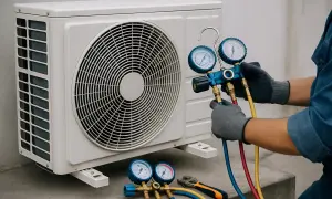 Tecnico controlla la pressione del gas con manometri per capire se manca gas condizionatore.