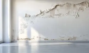 Muro con intonaco scrostato, segno di umidità. La finitura civile è compromessa, necessita di un intervento. Luce solare illumina la stanza.