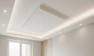 Soffitto moderno con faretti e illuminazione indiretta, un esempio di raffinate finiture cartongesso che creano un ambiente accogliente.