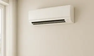 Climatizzatore senza motore, bianco, montato a parete, con tenda chiara e finestra a sinistra.
