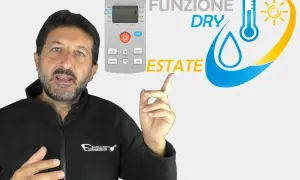 Uomo indica il simbolo deumidificatore condizionatore "DRY" sul telecomando, con grafica estiva.