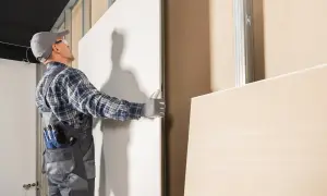 Operaio con guanti e tuta grigia maneggia un pannello di cartongesso, mostrando come togliere il cartongesso per ristrutturazioni.