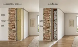 Confronto isolamento a spessore e insufflaggio pareti. L'insufflaggio è più efficiente e riduce la perdita di spazio interno, influenzando il costo.