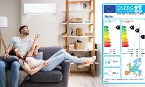 Coppia rilassata con condizionatore Haier. Etichetta energetica mostra classe climatica T1, condizionatori significato A+++, SEER 8,5, SCOP 5,5.