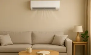 Un condizionatore a parete, uno dei tanti tipi di condizionatori, soffia aria fresca su un divano beige in un soggiorno accogliente.
