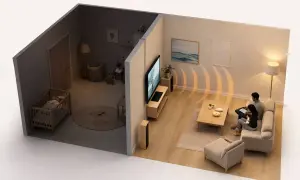 Un bambino dorme sereno nella sua cameretta, mentre in salotto una coppia ascolta la TV. L'intonaco acustico attutisce i suoni, garantendo tranquillità a tutti.