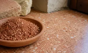 Ciotola di terra rossa, materiale grezzo per il rinzaffo significato. Sotto blocchi di pietra e un pavimento in graniglia.