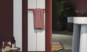 Termosifoni elettrici: pro e contro. Due radiatori bianchi verticali con un asciugamano rosa appeso. Un bagno moderno con piante e lavabo.