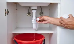 Mano che svita il tappo del foro troppopieno, acqua che gocciola in un secchio rosso.