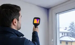Un tecnico usa una termocamera per rilevare un ponte termico e la muffa in un angolo di una stanza, con una finestra innevata sullo sfondo.