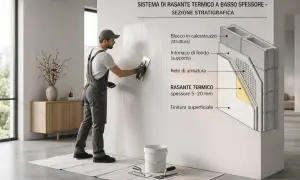 Operaio applica rasante termico a basso spessore, mostrando la stratigrafia con blocchi, intonaco, rete e finitura.