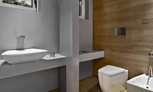 Bagno moderno con lavabo bianco, WC squadrato e pannello di scarico traslato. Problemi di design?