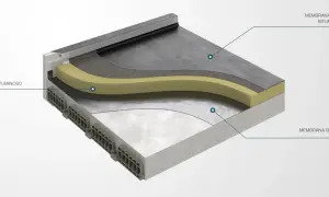 Struttura di isolamento per tetti piani in Neopor, con pannello isolante, membrana barriera al vapore e finitura impermeabile.