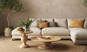 Accogliente salotto con divano chiaro, cuscini ocra e verdi, tavolini in legno e piante. Un'atmosfera rilassante con salotto colori caldi.