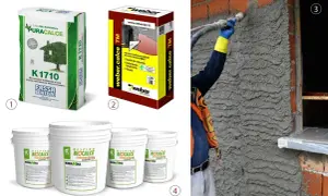 Immagini mostrano prodotti per intonacare e rasare, evidenziando la differenza tra intonaco e rasatura. Lavori in corso con applicazione di intonaco.