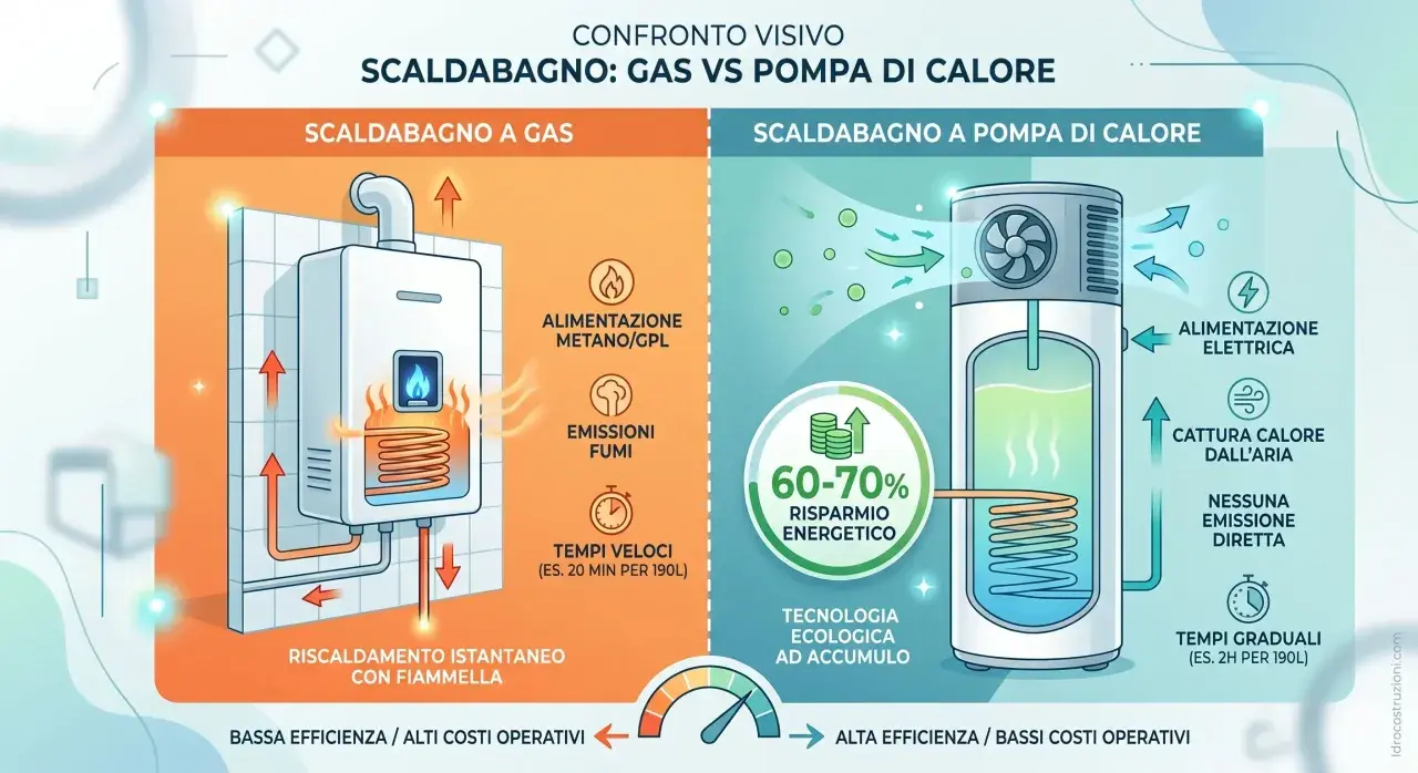 Confronto visivo: scaldabagno a gas con fiamma e fumi, vs pompa di calore elettrica. Differenza tra caldaia e scaldabagno: efficienza e costi.