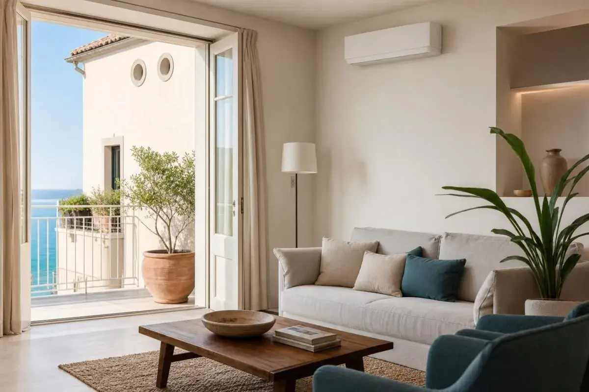 Soggiorno moderno con vista mare. Un condizionatore senza unità esterna, ideale per chi cerca soluzioni discrete. Opinioni positive per un comfort discreto.