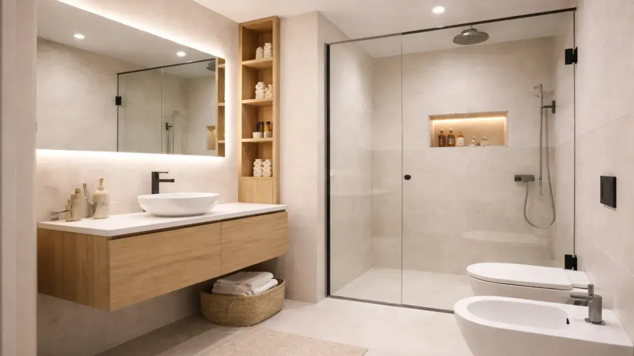 Moderno bagno con mobile sospeso in legno, lavabo bianco, doccia walk-in e bidet. Ottime idee bagno per un look minimalista.
