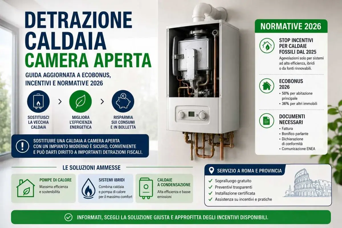 Guida alla detrazione caldaia: sostituisci la vecchia con una a camera aperta per efficienza e risparmio. Normative 2026 e Ecobonus.