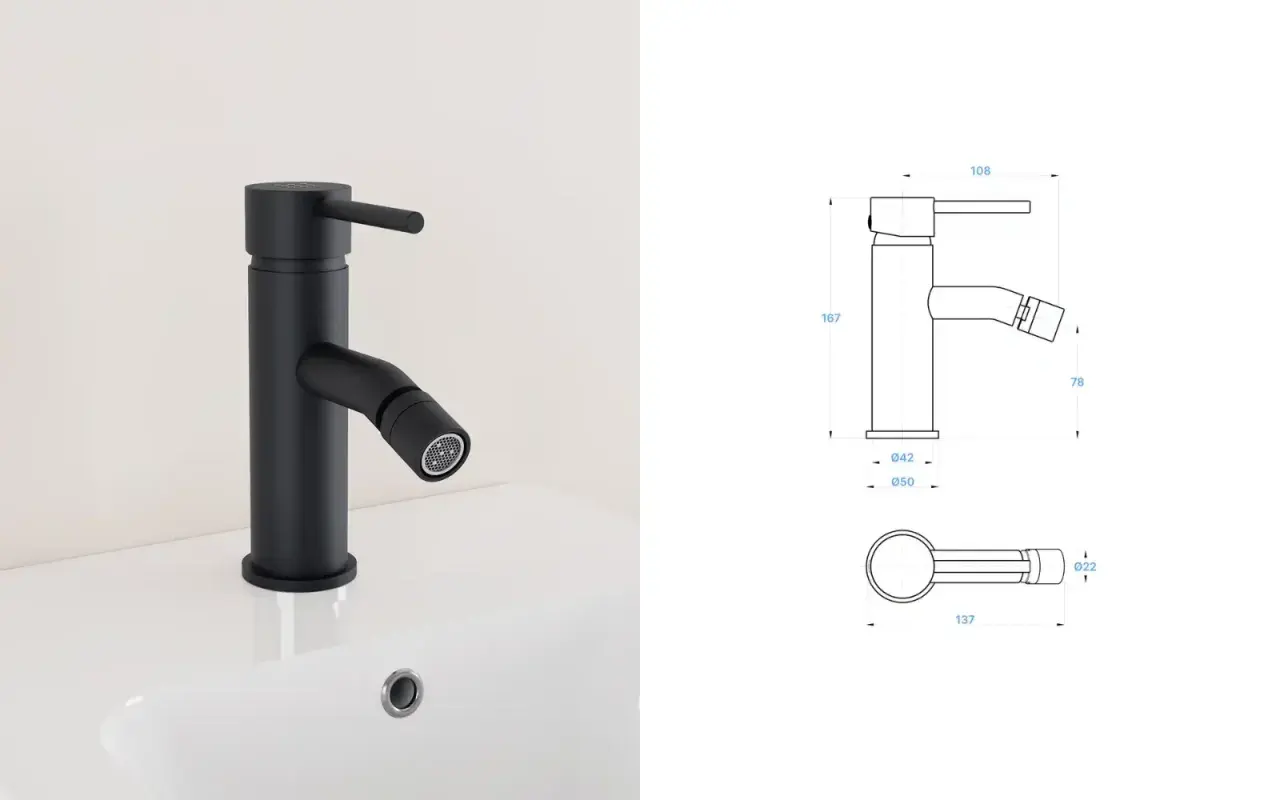 Miscelatore nero con doccetta integrata, ideale per smontare e installare in cucina. Dimensioni dettagliate nel disegno tecnico.