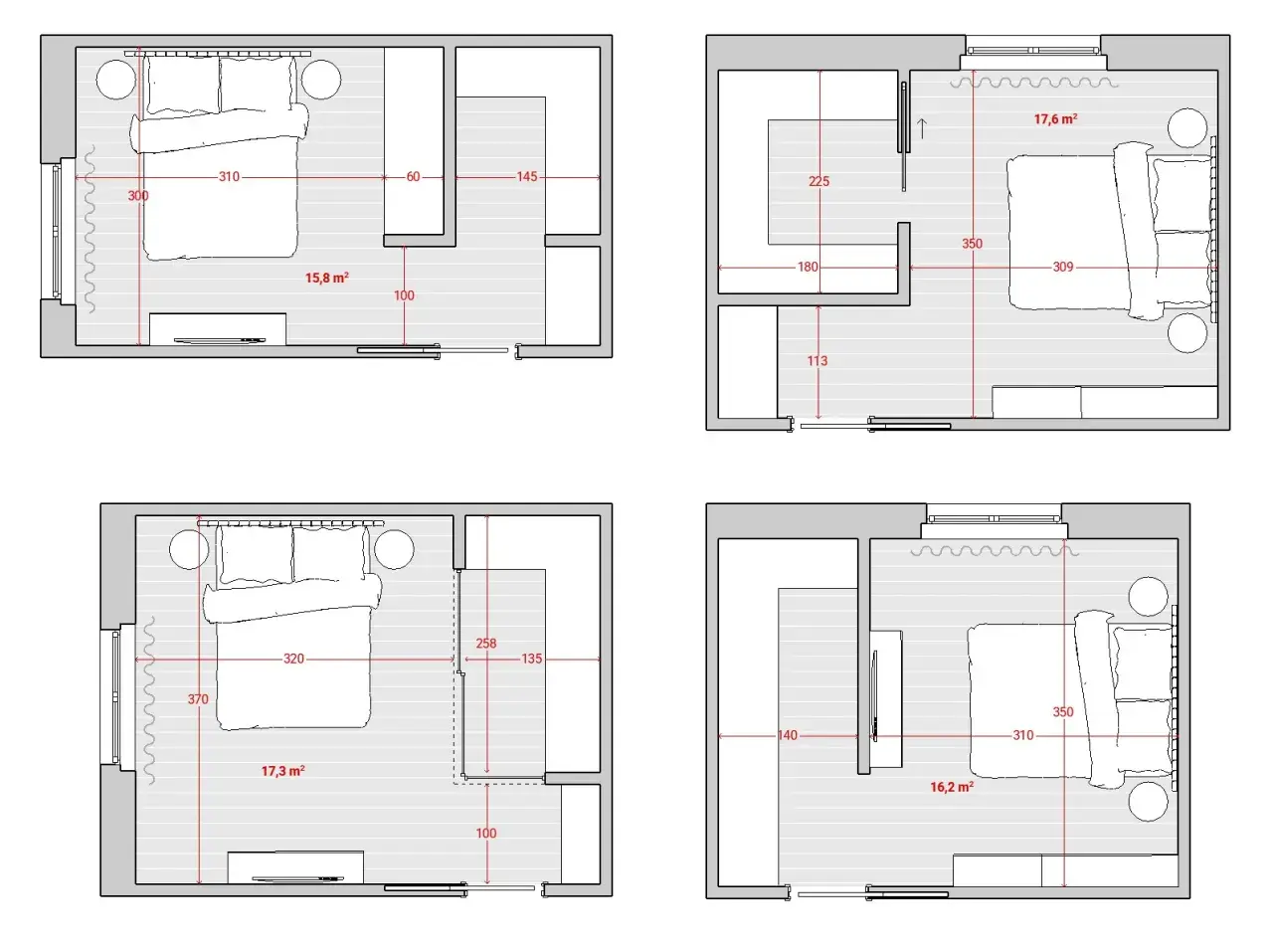 Quattro planimetrie di camere da letto con diverse idee cabina armadio, mostrando soluzioni salvaspazio e funzionali.
