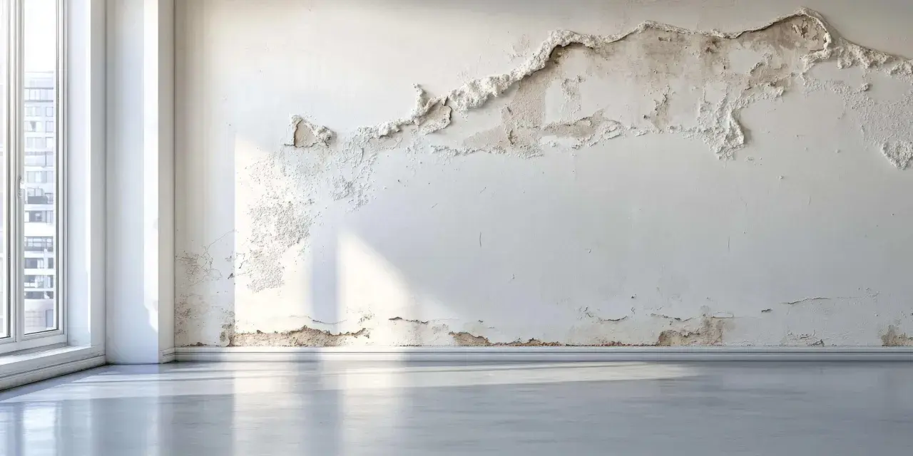 Muro con intonaco scrostato, segno di umidità. La finitura civile è compromessa, necessita di un intervento. Luce solare illumina la stanza.