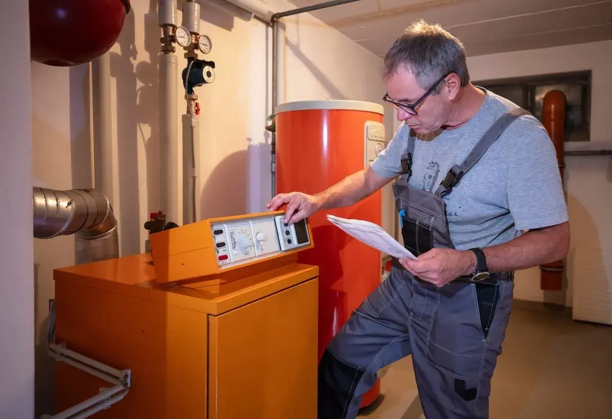 Tecnico controlla la caldaia, documentazione alla mano, per stimare il costo manutenzione caldaia.