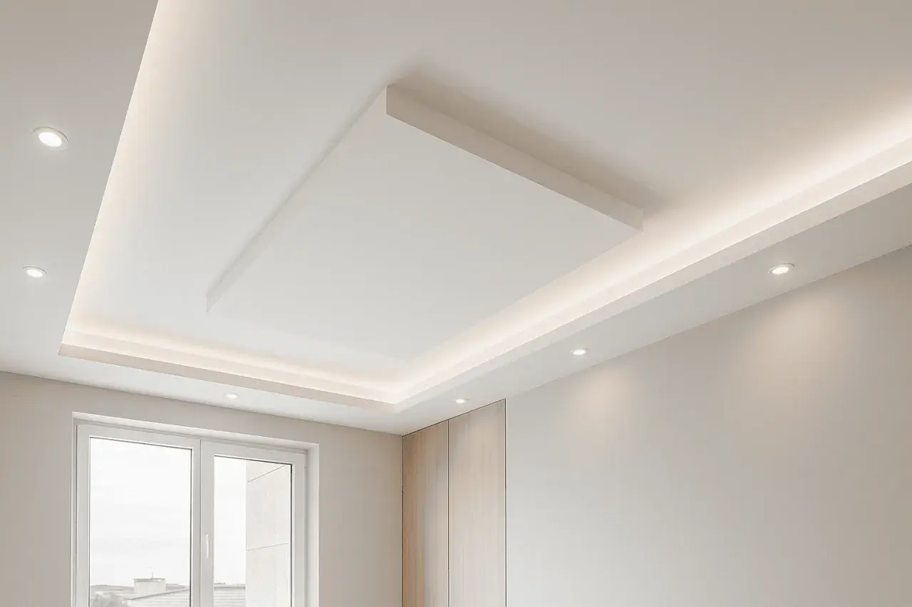 Soffitto moderno con faretti e illuminazione indiretta, un esempio di raffinate finiture cartongesso che creano un ambiente accogliente.