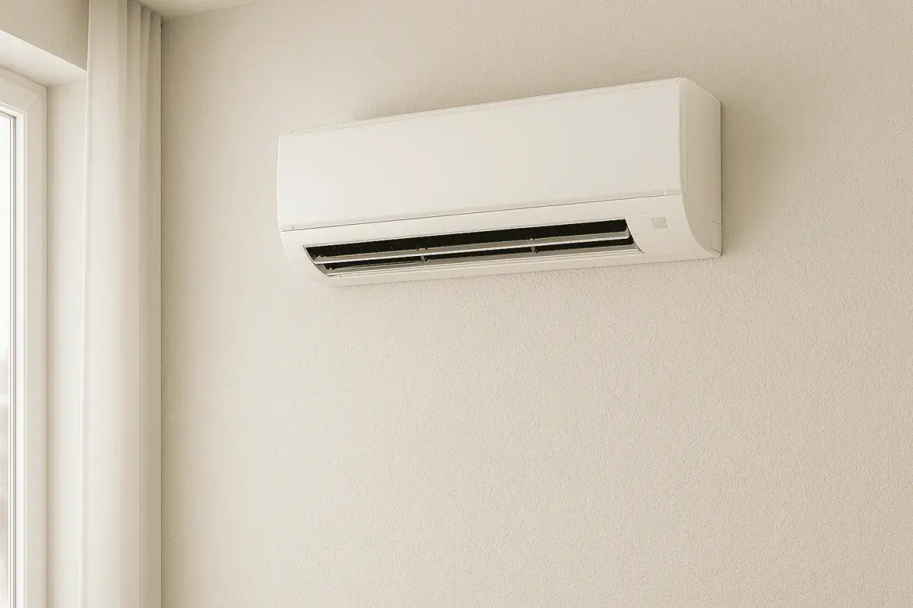 Climatizzatore senza motore, bianco, montato a parete, con tenda chiara e finestra a sinistra.