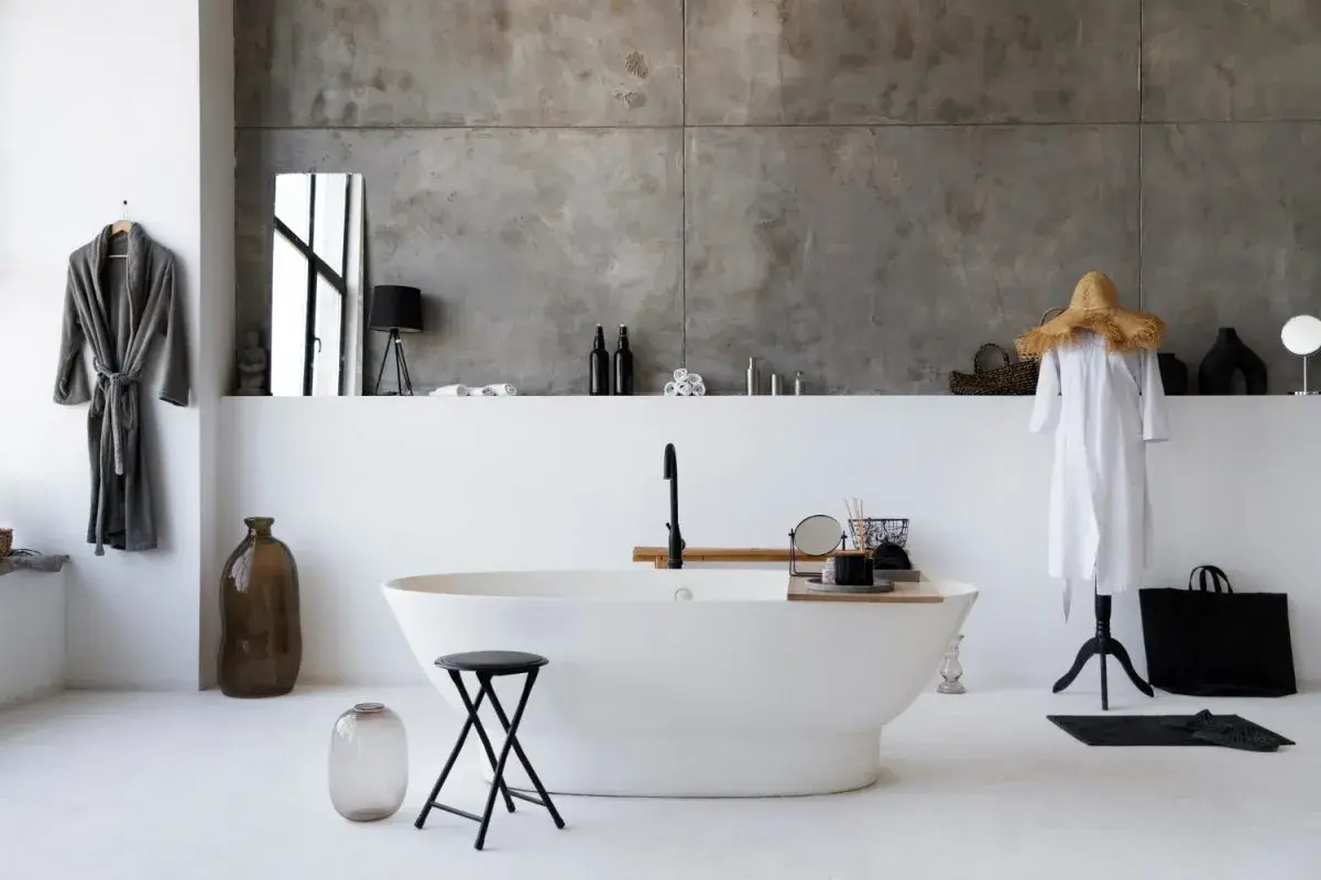 Bagno moderno con vasca freestanding e pareti in microcemento grezzo. Accappatoio grigio appeso, vasi decorativi e un manichino con vestito bianco.