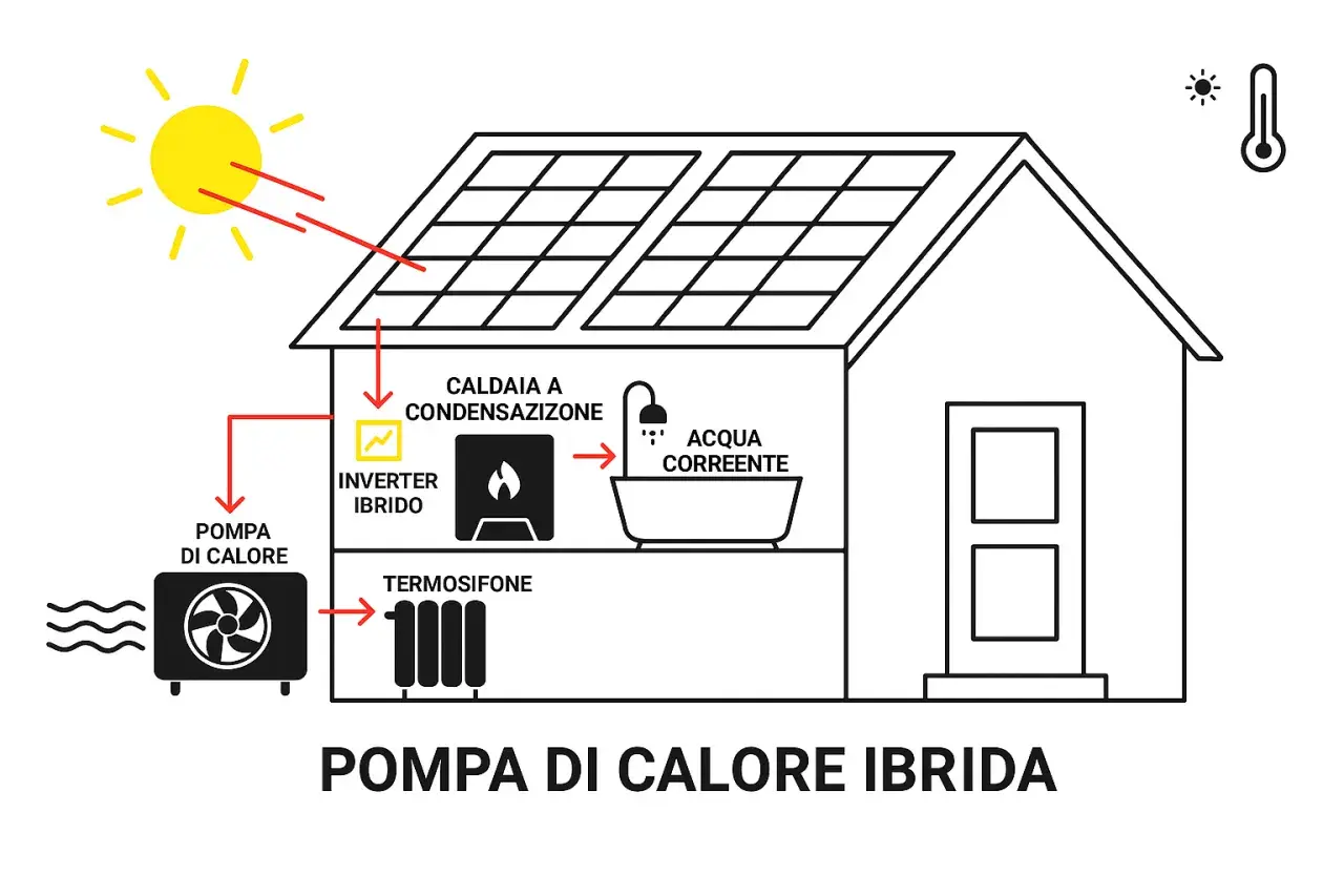 Schema di una casa con pannelli solari, una pompa di calore ibrida, caldaia a condensazione e termosifone.
