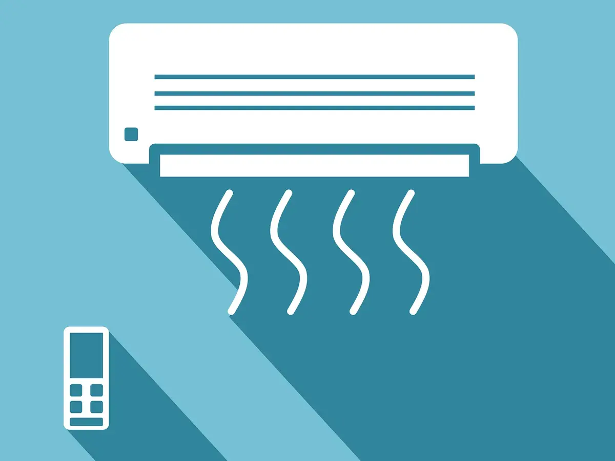 Unità interna di condizionatore con flusso d'aria e telecomando. Regola la potenza condizionatore per un comfort ottimale.