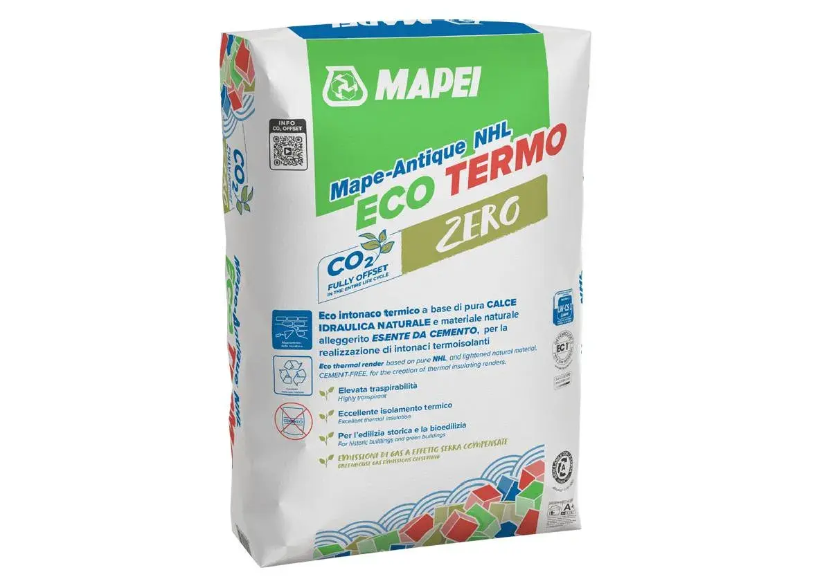Sacco di Mapei Eco Termo Zero, intonaco a calce per isolamento termico. Ideale per bioedilizia e restauro, come fare intonaco a calce.