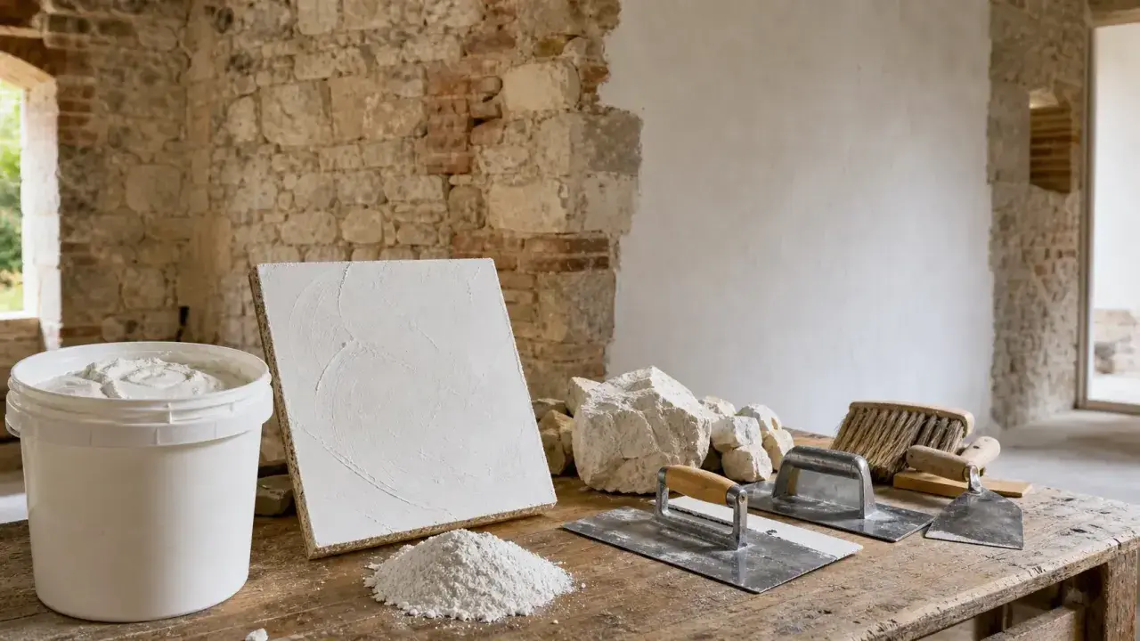 Attrezzi da muratore e secchio di calce idraulica su un tavolo di legno, pronti per il restauro di un muro in pietra.