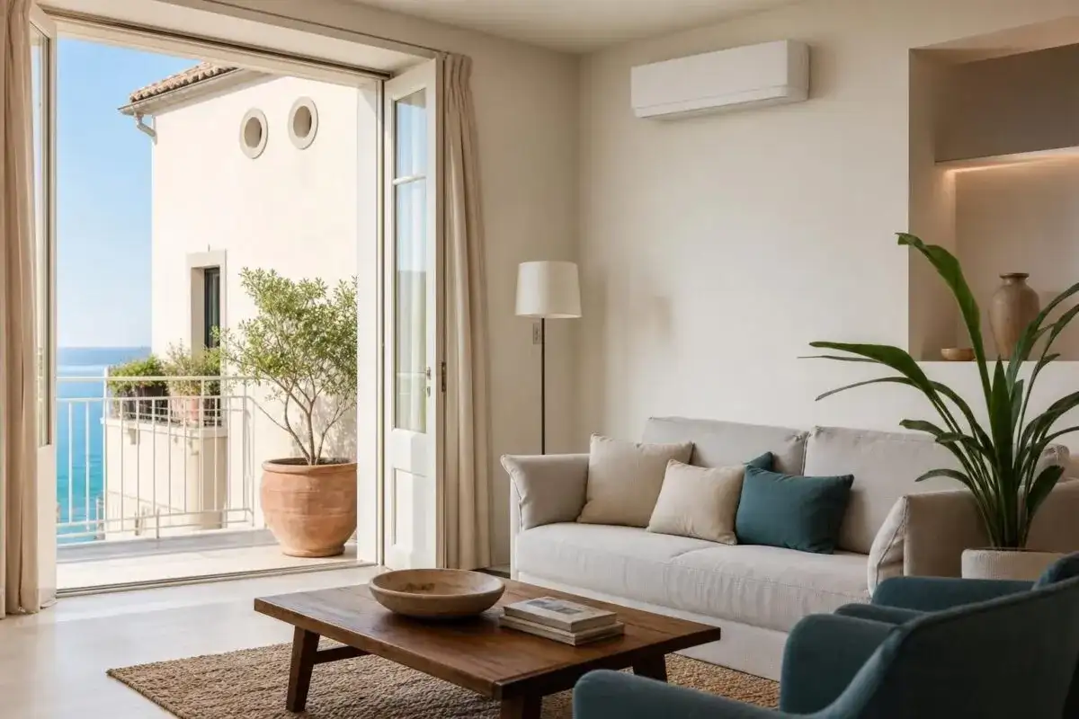 Soggiorno moderno con vista mare. Un condizionatore senza unità esterna, ideale per chi cerca soluzioni discrete. Opinioni positive per un comfort discreto.