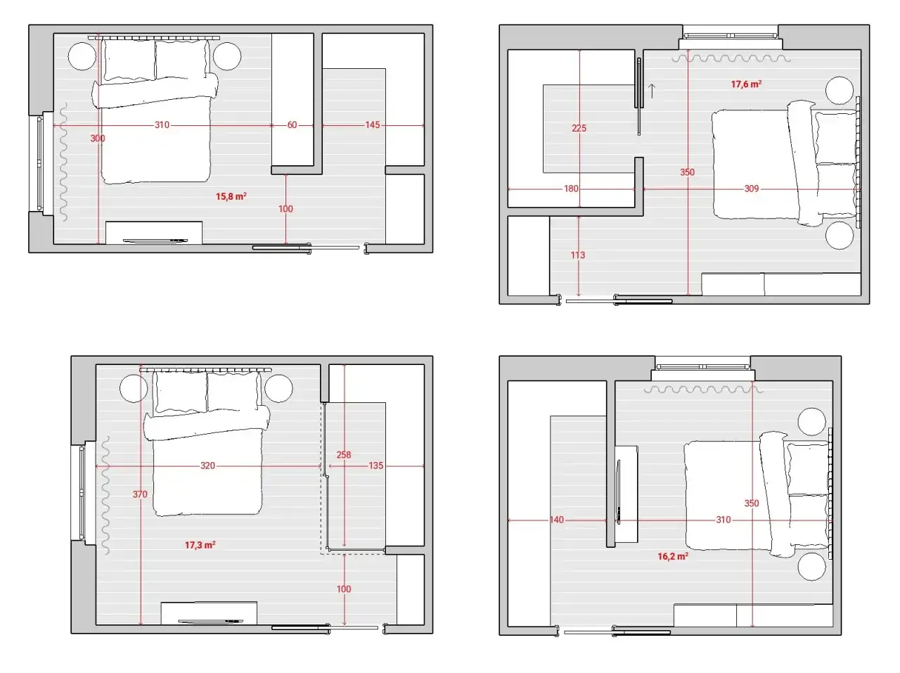 Quattro planimetrie di camere da letto con diverse idee cabina armadio, mostrando soluzioni salvaspazio e funzionali.