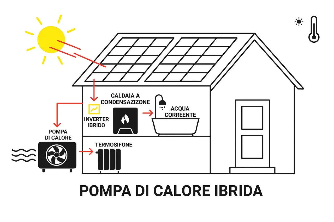 Schema di una casa con pannelli solari, una pompa di calore ibrida, caldaia a condensazione e termosifone.