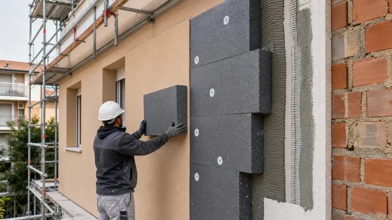 Operaio applica pannelli isolanti per il cappotto casa. Lavori di ristrutturazione esterni con ponteggi.