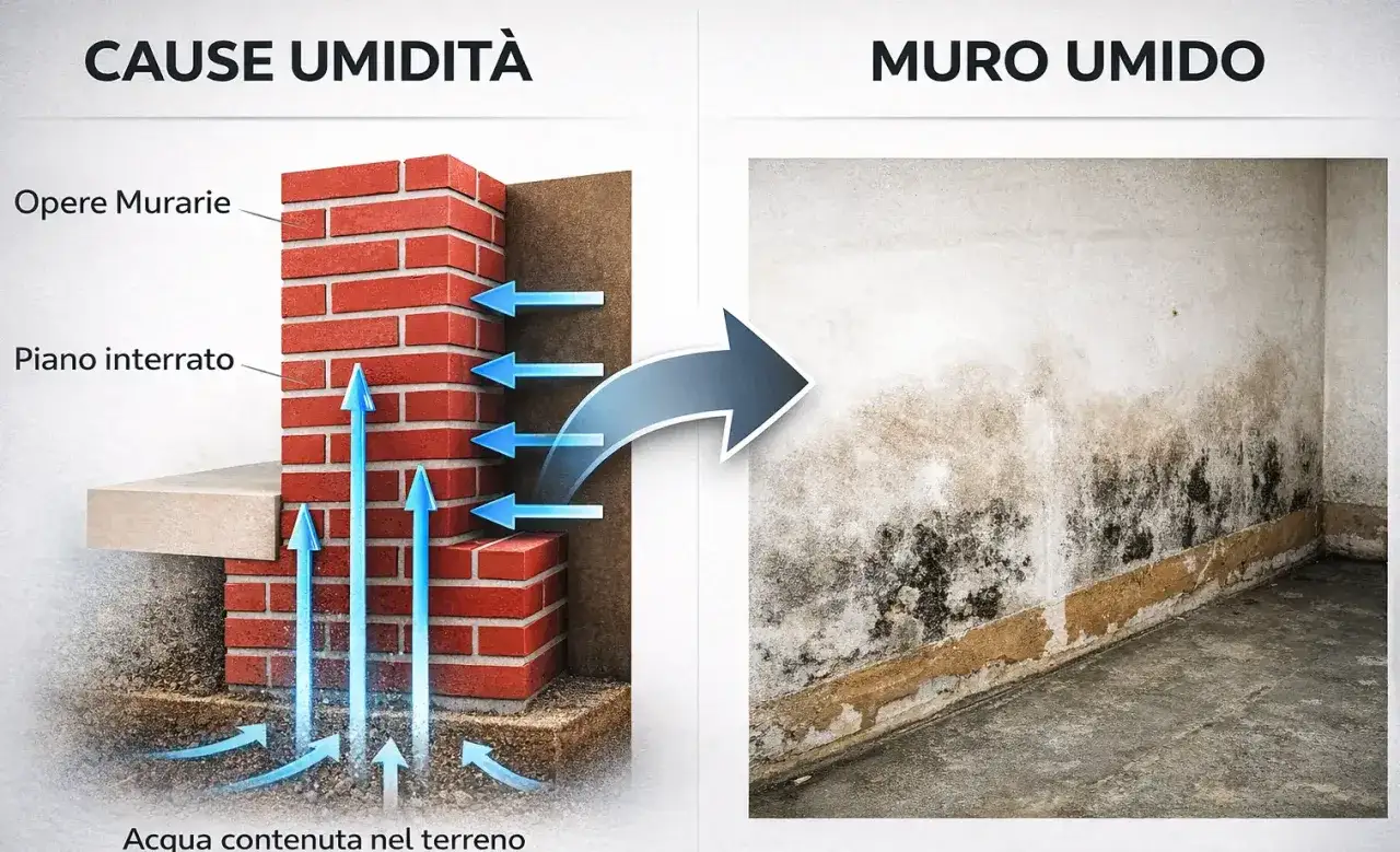 Illustrazione che mostra l'umidità di risalita in un muro, causata dall'acqua nel terreno che risale attraverso le opere murarie. Il rinzaffo storico è danneggiato.